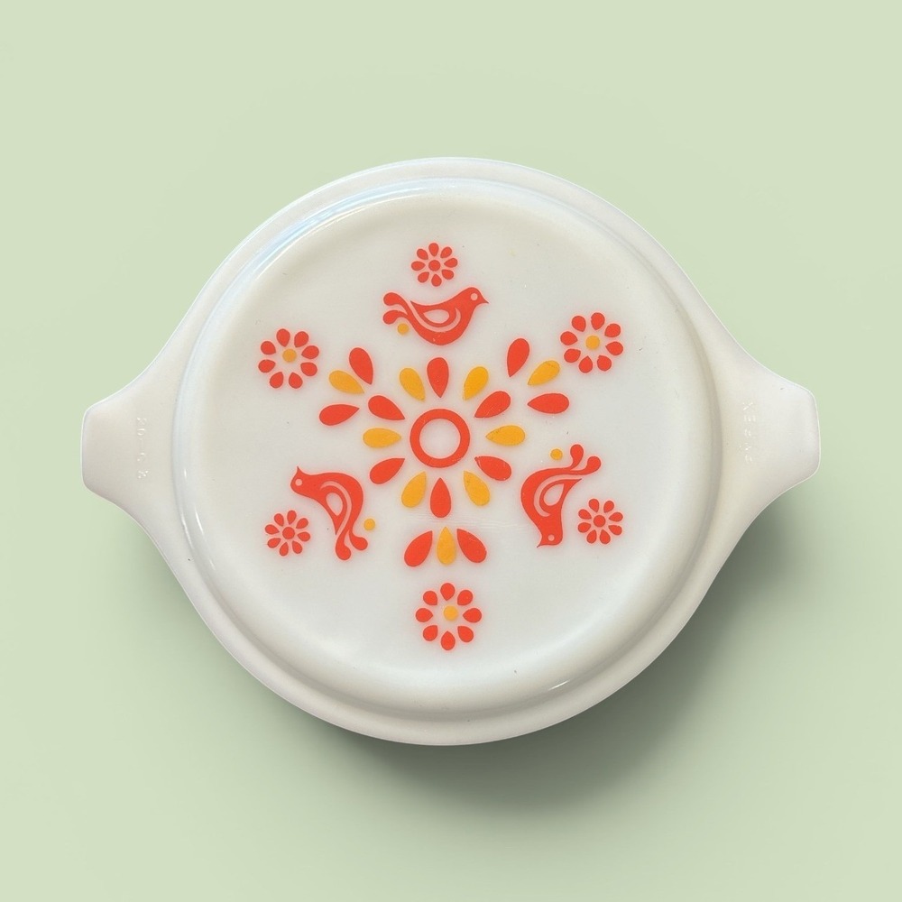 Vintage Pyrex Friendship Bird Flower Round Casserole Lid 20-C 3 Opal White Glass